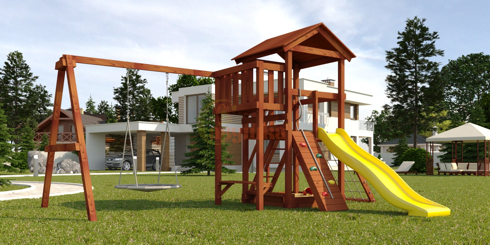 Детская площадка Савушка Мастер 2 с качелями Гнездо 1 метр (Махагон)